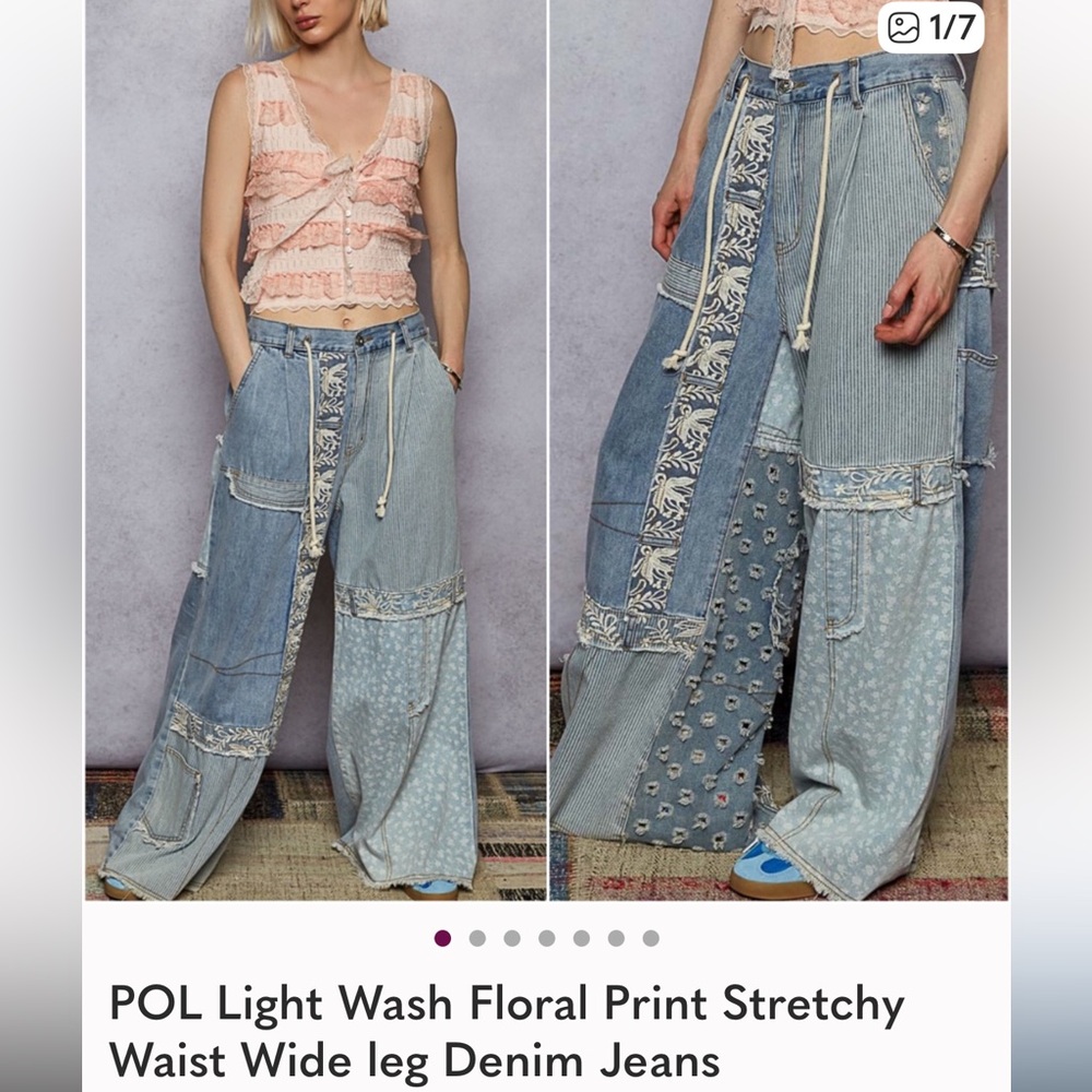 POL Light Wash Denim Patchwork Wide Leg Pants - Picture 2 of 3